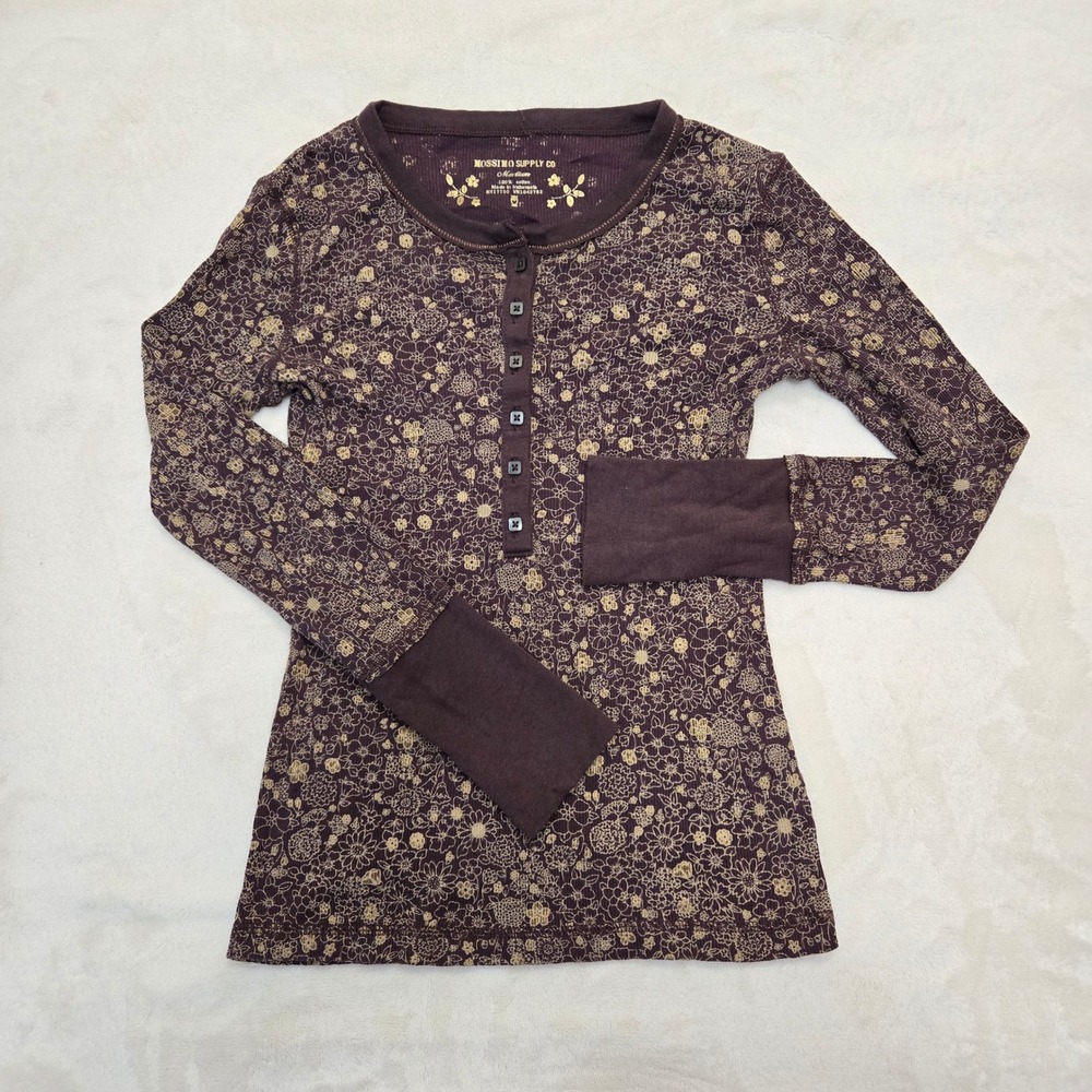 Mossimo Supply Co Brown Floral Henley Top Long Sleeve Ribbed Cotton Womens M Y2K